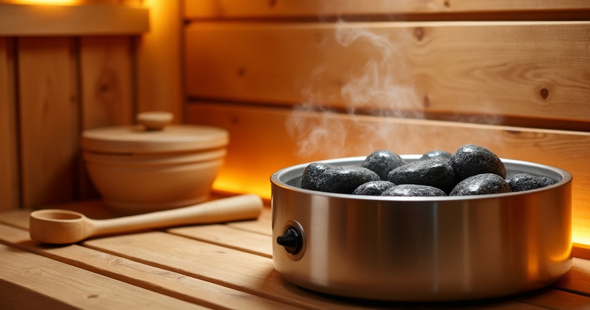 Elektrischer Saunaofen mit Saunasteinen in einer holzverkleideten Sauna